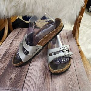 Birkenstock Silver Slide Sandals with‎ Cork Footbed Sz L9 M7